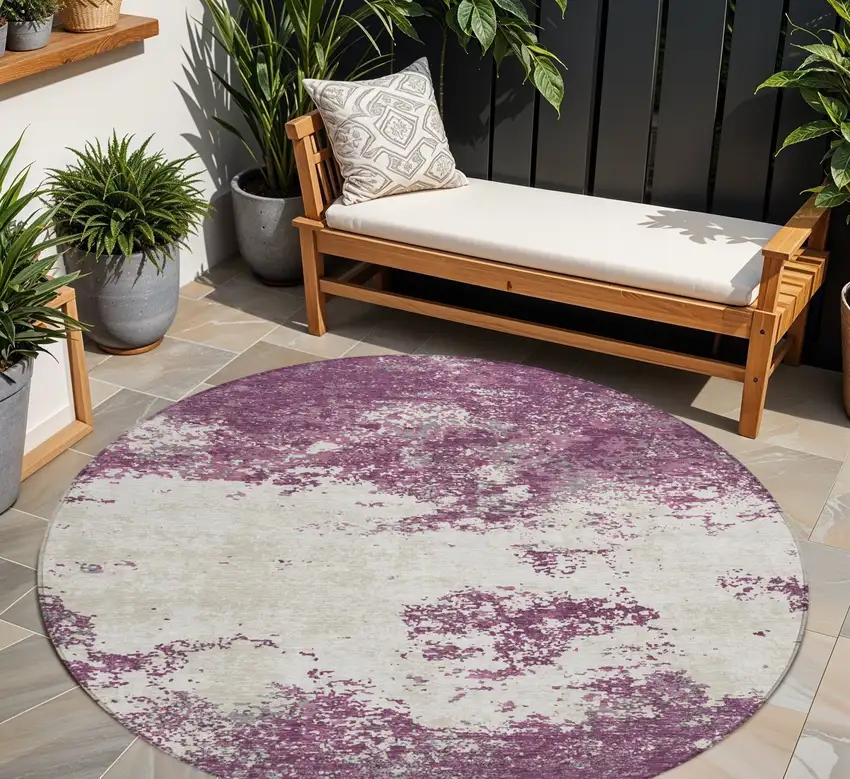 8' Eggplant Gray And Ivory Round Abstract Washable Indoor Outdoor Area Rug Photo 1