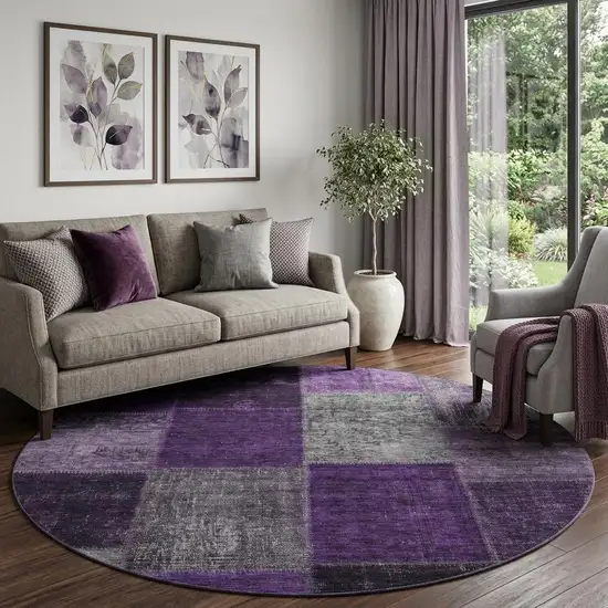 8' Eggplant Gray And Purple Patchwork Washable Round Rug With UV Protection Photo 1