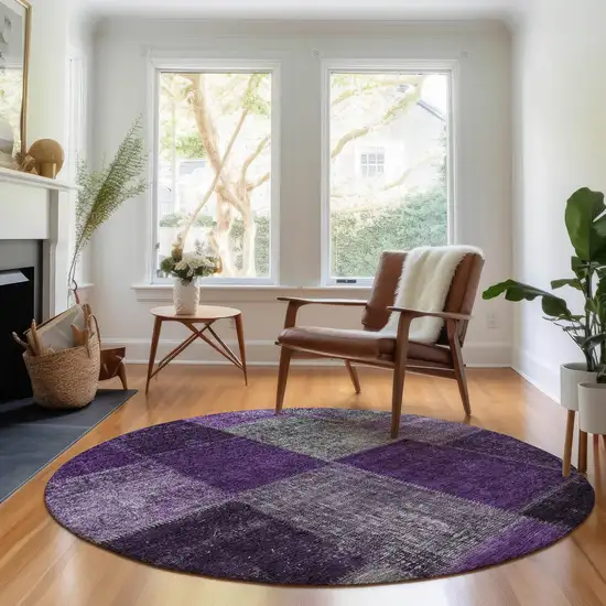 8' Eggplant Gray And Purple Patchwork Washable Round Rug With UV Protection Photo 4