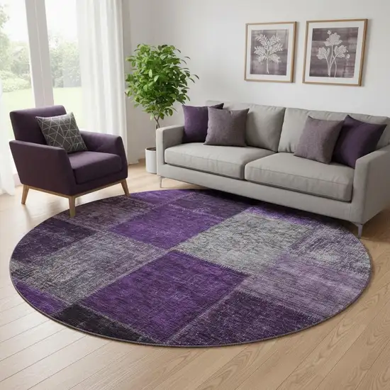 8' Eggplant Gray And Purple Patchwork Washable Round Rug With UV Protection Photo 1