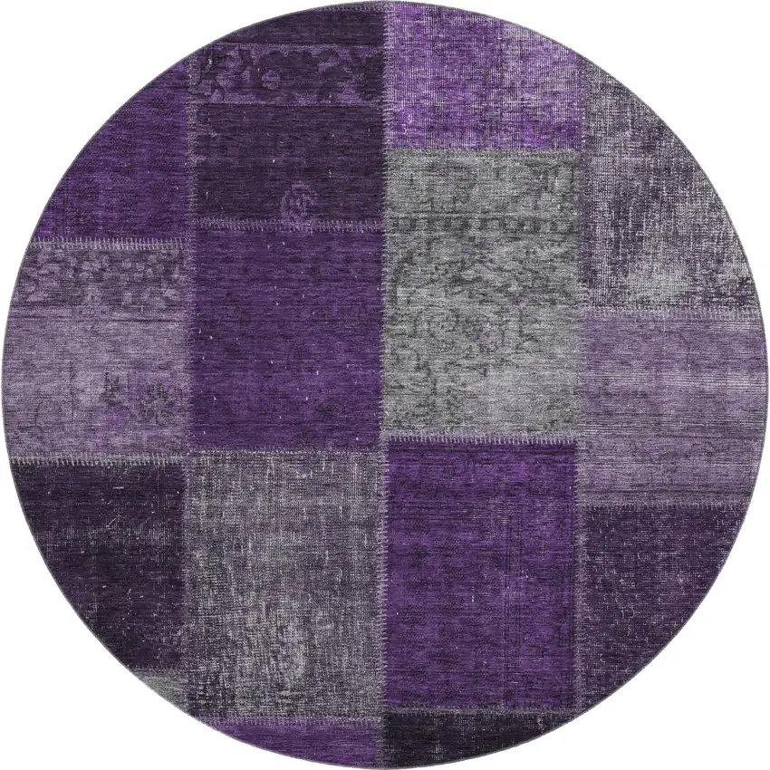 8' Eggplant Gray And Purple Patchwork Washable Round Rug With UV Protection Photo 6