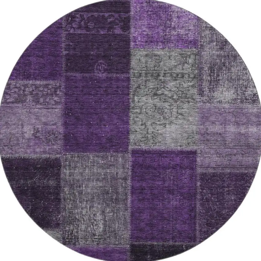 8' Eggplant Gray And Purple Patchwork Washable Round Rug With UV Protection Photo 1