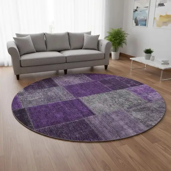 8' Eggplant Gray And Purple Patchwork Washable Round Rug With UV Protection Photo 2