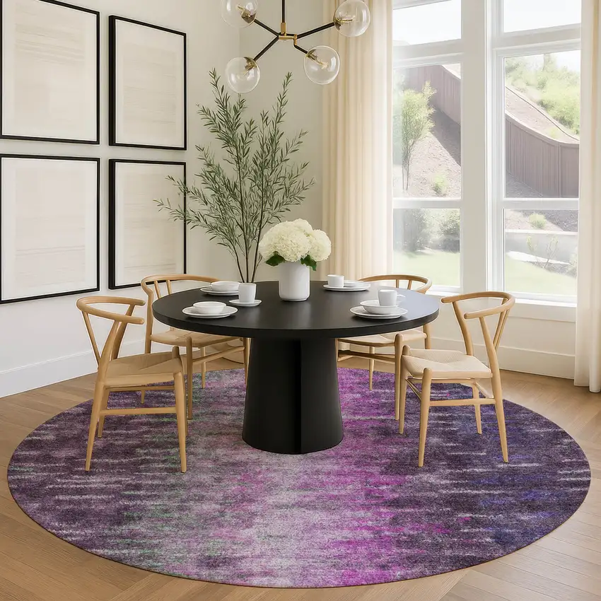 8' Eggplant Green And Blue Round Abstract Washable Indoor Outdoor Area Rug Photo 9