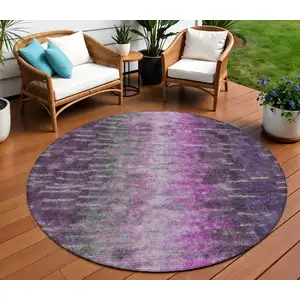 Photo of 8' Eggplant Green And Blue Round Abstract Washable Indoor Outdoor Area Rug