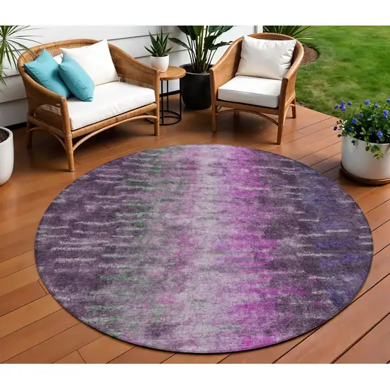 8' Eggplant Green And Blue Round Abstract Washable Indoor Outdoor Area Rug Photo 1