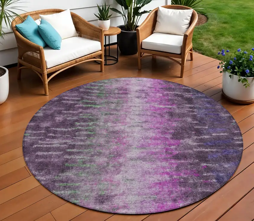8' Eggplant Green And Blue Round Abstract Washable Indoor Outdoor Area Rug Photo 1