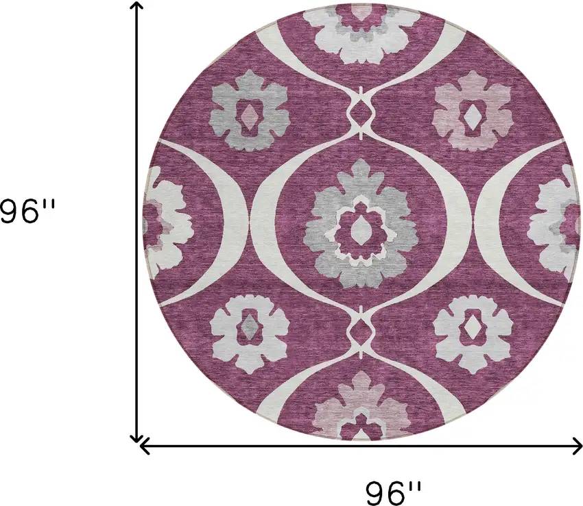 8' Eggplant Ivory And Gray Round Medallion Washable Indoor Outdoor Area Rug Photo 3