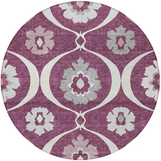 8' Eggplant Ivory And Gray Round Medallion Washable Indoor Outdoor Area Rug Photo 6