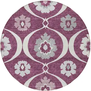 Photo of 8' Eggplant Ivory And Gray Round Medallion Washable Indoor Outdoor Area Rug