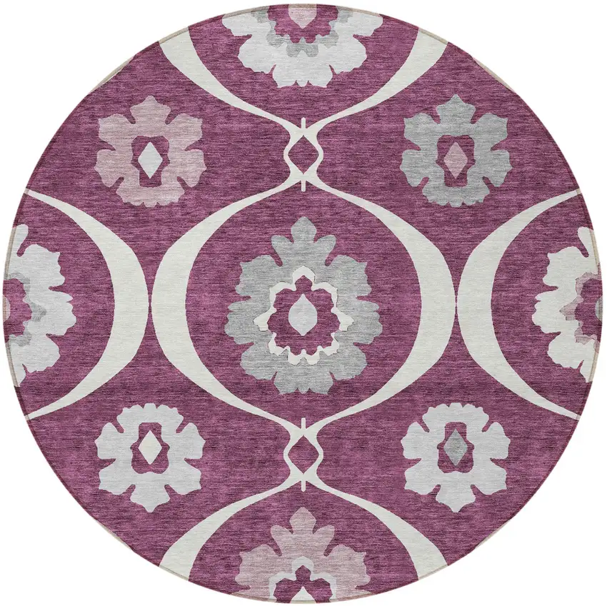 8' Eggplant Ivory And Gray Round Medallion Washable Indoor Outdoor Area Rug Photo 6