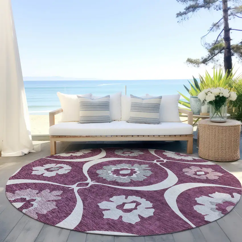 8' Eggplant Ivory And Gray Round Medallion Washable Indoor Outdoor Area Rug Photo 7