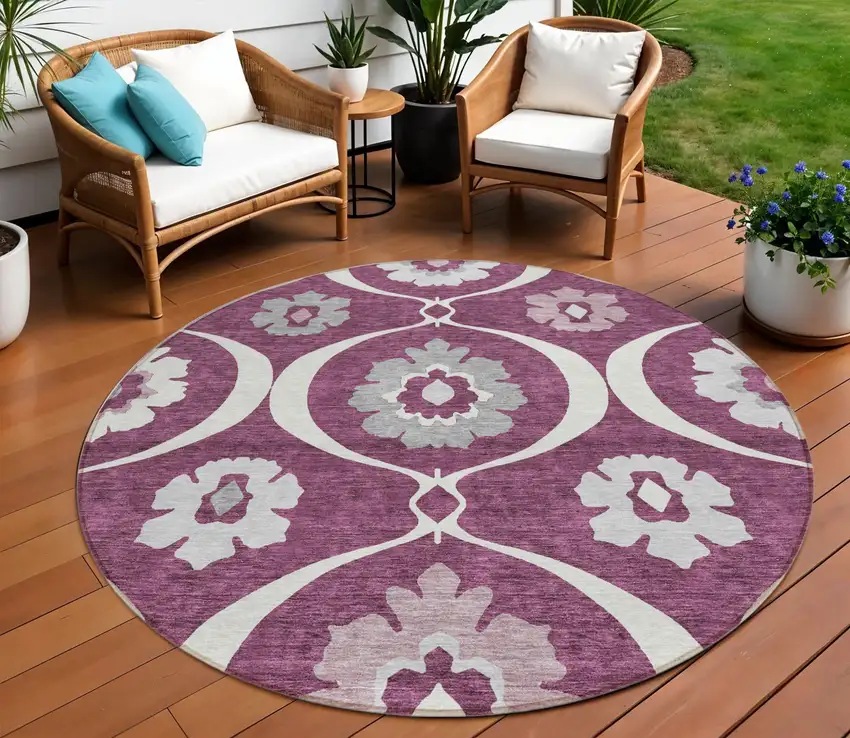 8' Eggplant Ivory And Gray Round Medallion Washable Indoor Outdoor Area Rug Photo 1