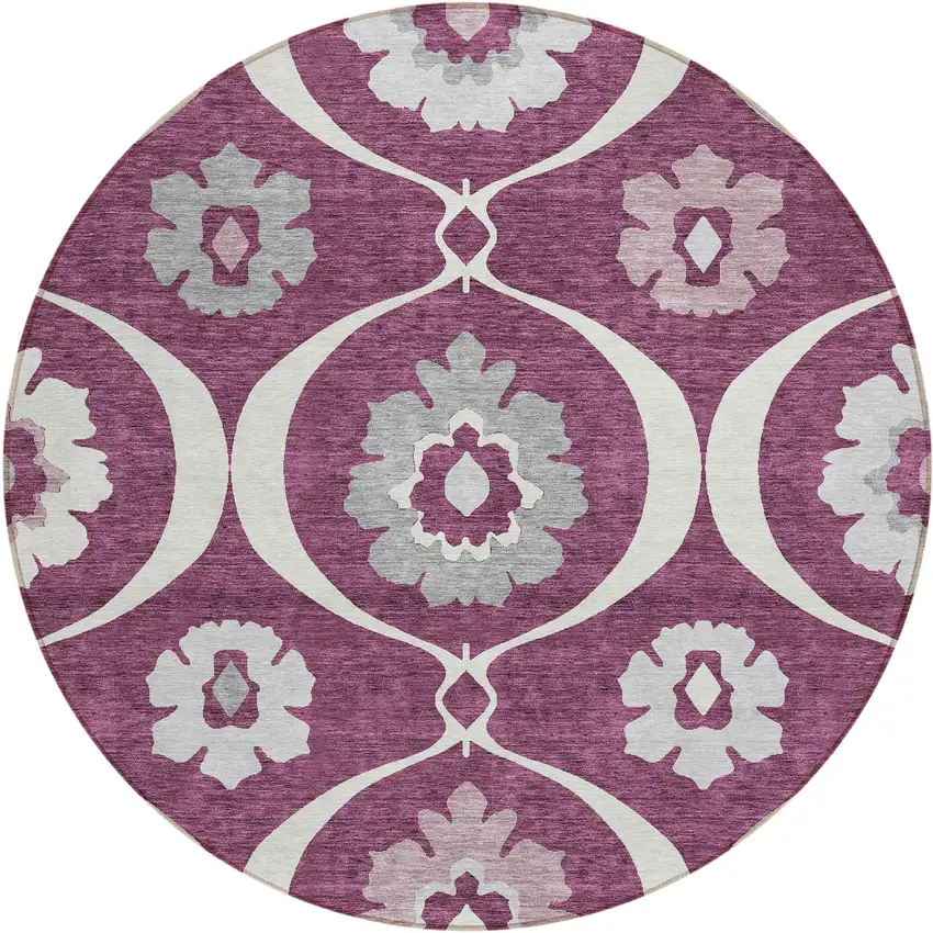 8' Eggplant Ivory And Gray Round Medallion Washable Indoor Outdoor Area Rug Photo 2
