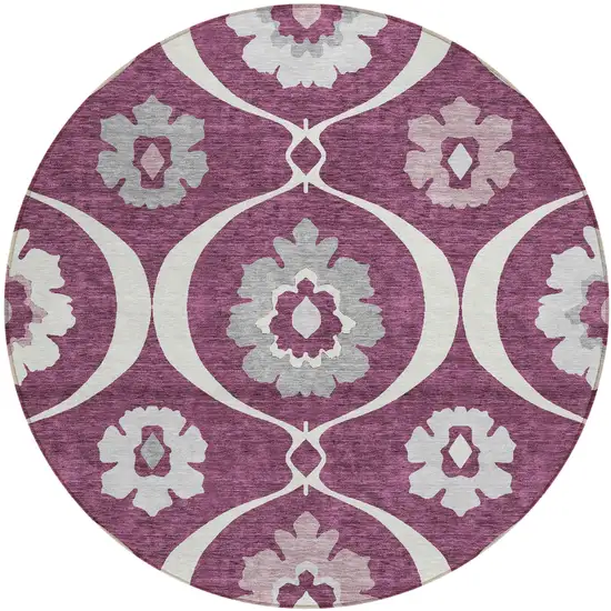 8' Eggplant Ivory And Gray Round Medallion Washable Indoor Outdoor Area Rug Photo 2