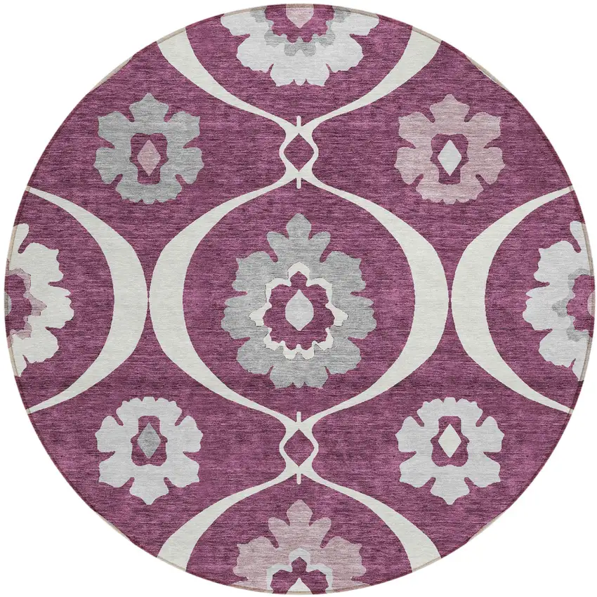 8' Eggplant Ivory And Gray Round Medallion Washable Indoor Outdoor Area Rug Photo 2