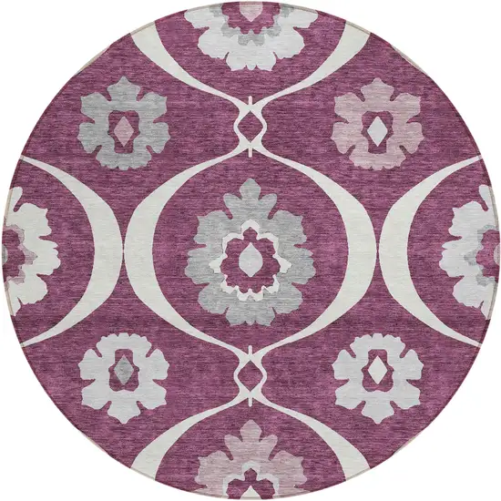 8' Eggplant Ivory And Gray Round Medallion Washable Indoor Outdoor Area Rug Photo 2
