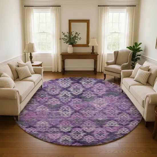 8' Eggplant Lavender And Gray Ikat Washable Round Rug With UV Protection Photo 4