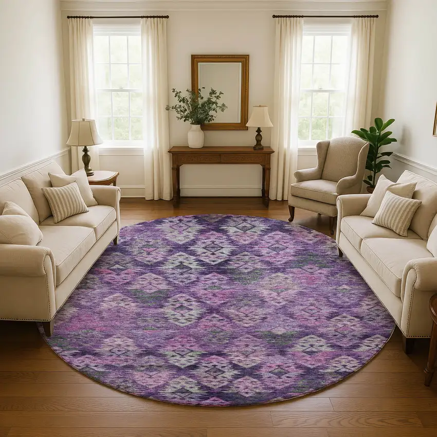 8' Eggplant Lavender And Gray Ikat Washable Round Rug With UV Protection Photo 4