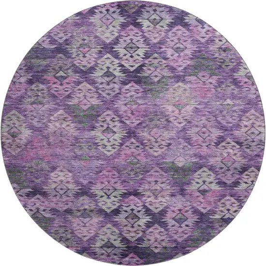 8' Eggplant Lavender And Gray Ikat Washable Round Rug With UV Protection Photo 1
