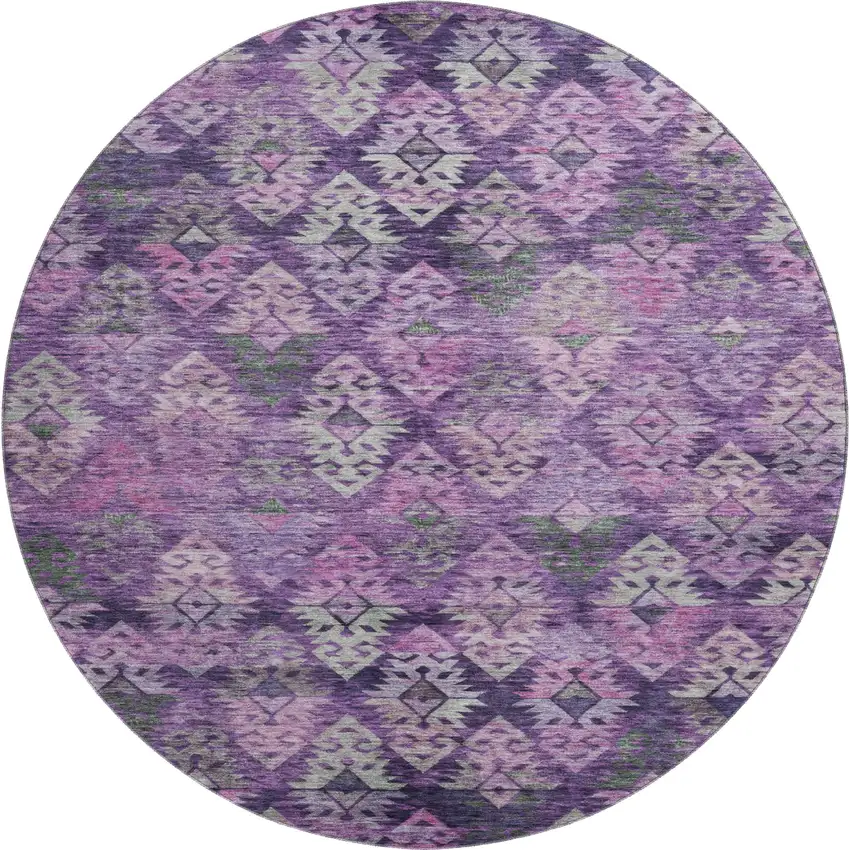 8' Eggplant Lavender And Gray Ikat Washable Round Rug With UV Protection Photo 1