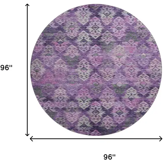 8' Eggplant Lavender And Gray Ikat Washable Round Rug With UV Protection Photo 9