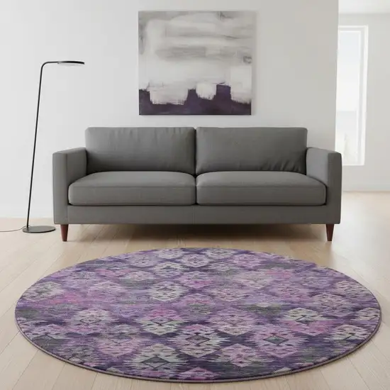 8' Eggplant Lavender And Gray Ikat Washable Round Rug With UV Protection Photo 1