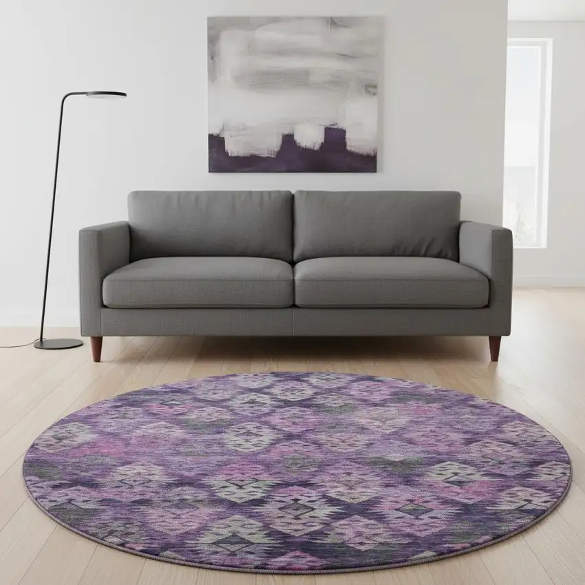 8' Eggplant Lavender And Gray Ikat Washable Round Rug With UV Protection Photo 1