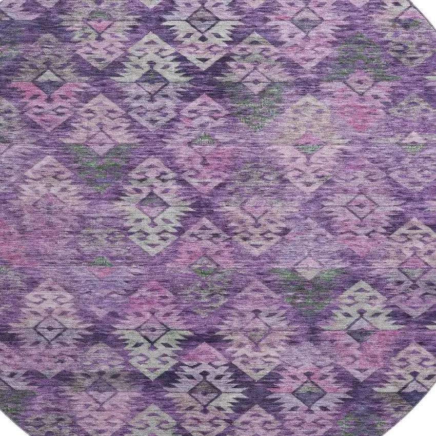 8' Eggplant Lavender And Gray Ikat Washable Round Rug With UV Protection Photo 2