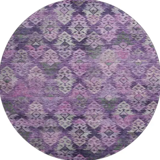 8' Eggplant Lavender And Gray Ikat Washable Round Rug With UV Protection Photo 3