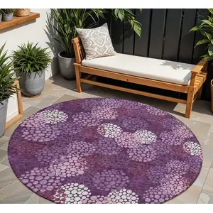 Photo of 8' Eggplant Lavender And Ivory Round Polka Dot Washable Indoor Outdoor Area Rug