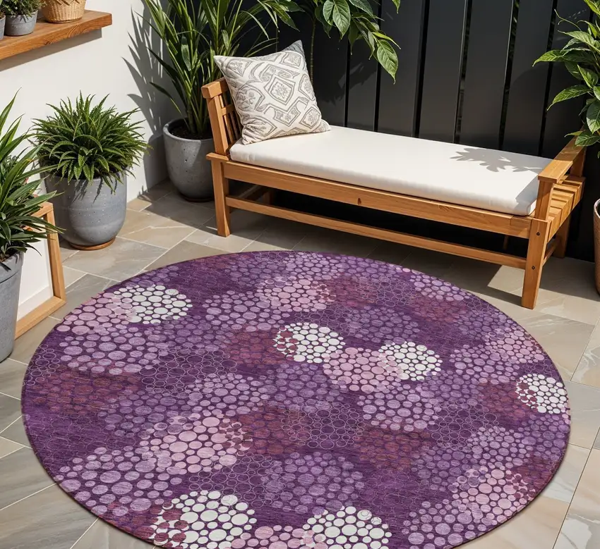 8' Eggplant Lavender And Ivory Round Polka Dot Washable Indoor Outdoor Area Rug Photo 1