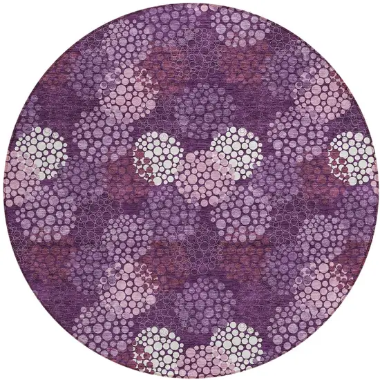 8' Eggplant Lavender And Ivory Round Polka Dot Washable Indoor Outdoor Area Rug Photo 6