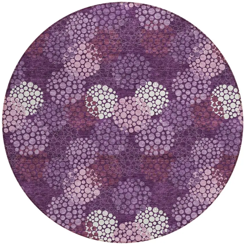 8' Eggplant Lavender And Ivory Round Polka Dot Washable Indoor Outdoor Area Rug Photo 6