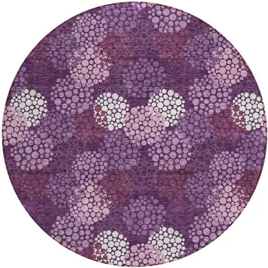 8' Eggplant Lavender And Ivory Round Polka Dot Washable Indoor Outdoor Area Rug Photo 2