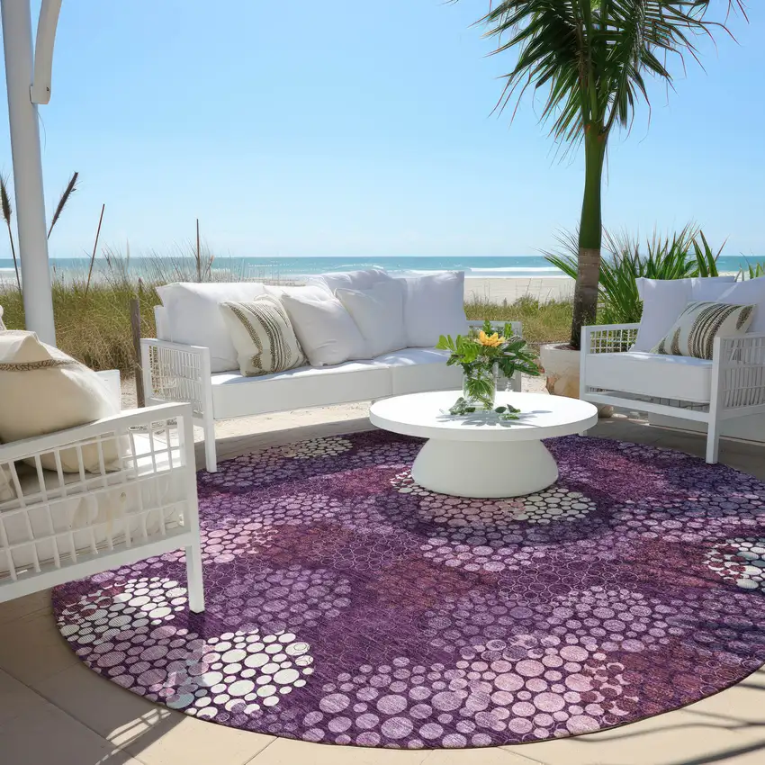 8' Eggplant Lavender And Ivory Round Polka Dot Washable Indoor Outdoor Area Rug Photo 7