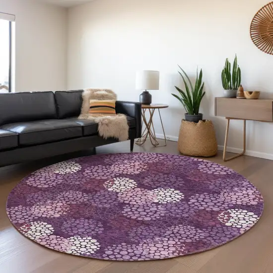 8' Eggplant Lavender And Ivory Round Polka Dot Washable Indoor Outdoor Area Rug Photo 8