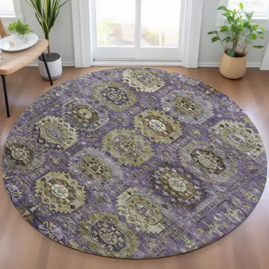 8' Eggplant Lavender And Olive Green Round Medallion Washable Indoor Outdoor Area Rug Photo 6