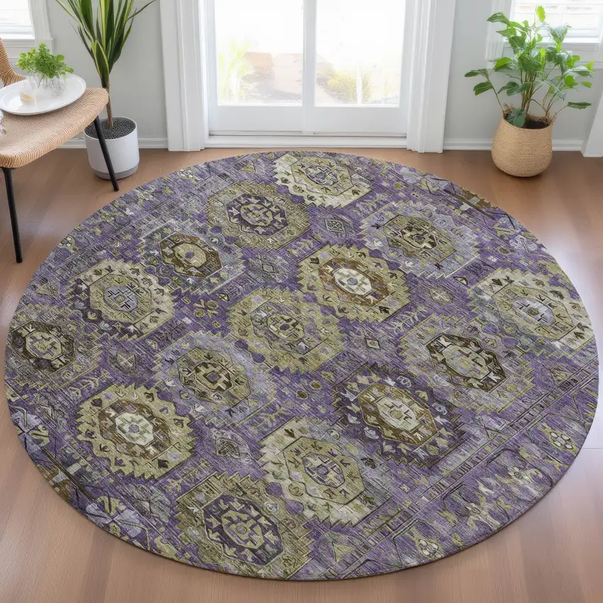 8' Eggplant Lavender And Olive Green Round Medallion Washable Indoor Outdoor Area Rug Photo 6