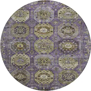 Photo of 8' Eggplant Lavender And Olive Green Round Medallion Washable Indoor Outdoor Area Rug