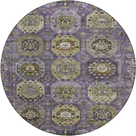 8' Eggplant Lavender And Olive Green Round Medallion Washable Indoor Outdoor Area Rug Photo 1
