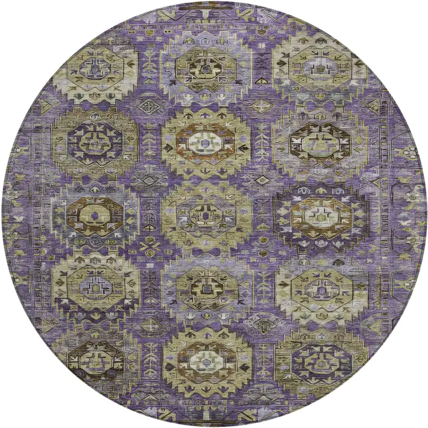 8' Eggplant Lavender And Olive Green Round Medallion Washable Indoor Outdoor Area Rug Photo 1