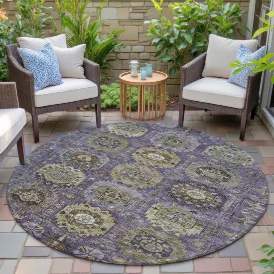8' Eggplant Lavender And Olive Green Round Medallion Washable Indoor Outdoor Area Rug Photo 5