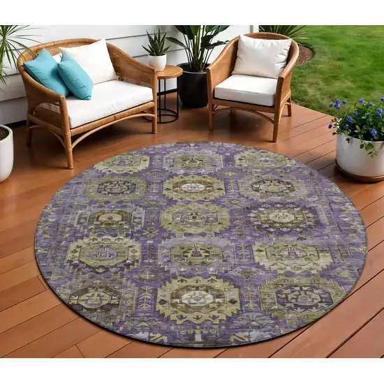 8' Eggplant Lavender And Olive Green Round Medallion Washable Indoor Outdoor Area Rug Photo 2