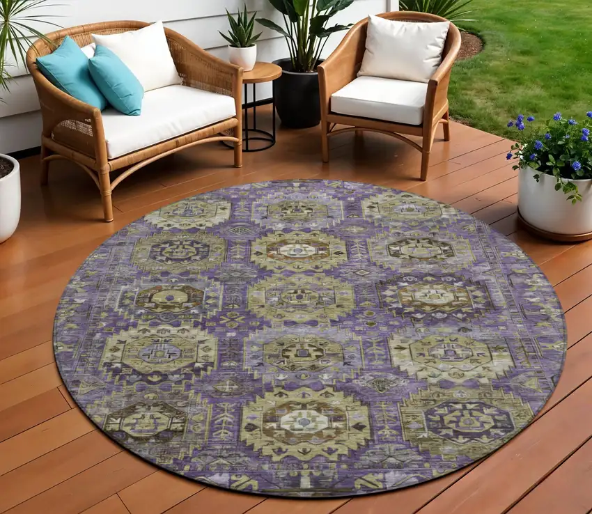 8' Eggplant Lavender And Olive Green Round Medallion Washable Indoor Outdoor Area Rug Photo 2