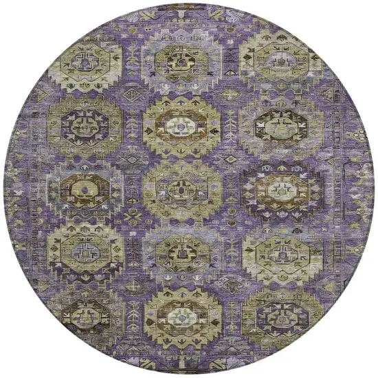 8' Eggplant Lavender And Olive Green Round Medallion Washable Indoor Outdoor Area Rug Photo 3