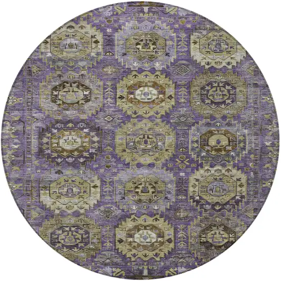 8' Eggplant Lavender And Olive Green Round Medallion Washable Indoor Outdoor Area Rug Photo 4