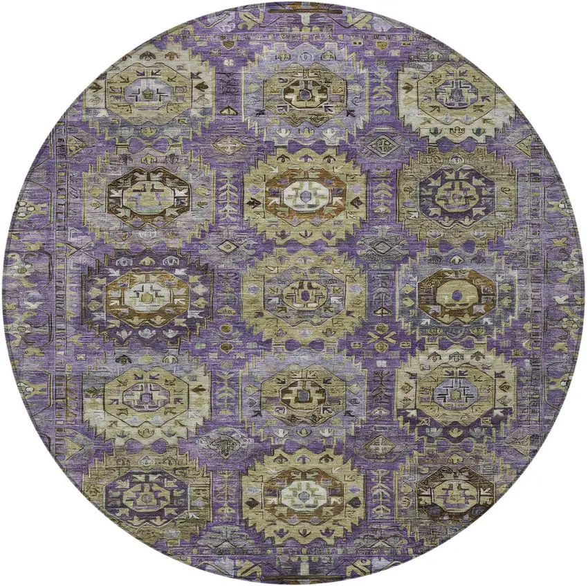 8' Eggplant Lavender And Olive Green Round Medallion Washable Indoor Outdoor Area Rug Photo 4
