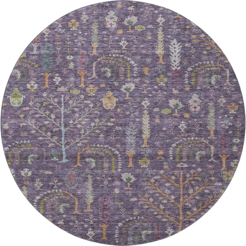8' Eggplant Orange And Green Floral Washable Round Rug With UV Protection Photo 2