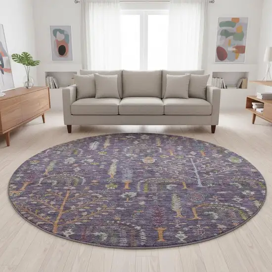8' Eggplant Orange And Green Floral Washable Round Rug With UV Protection Photo 2